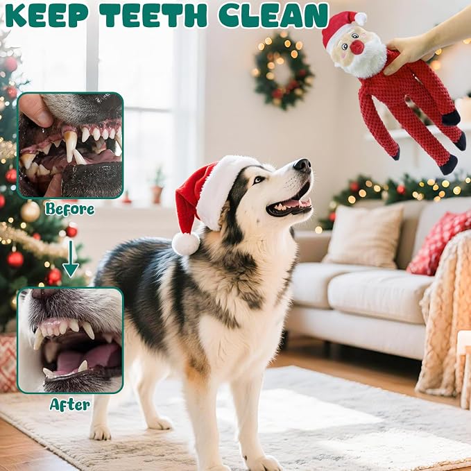 Christmas Dog Toys Squeaky 3-Pack Crinkle Sound Paper Tail | Interactive Puppy Teething Chew Toy Deer snowman santa Claus Shape no Stuffing,Keep Them Busy, Large Medium Small Breeds