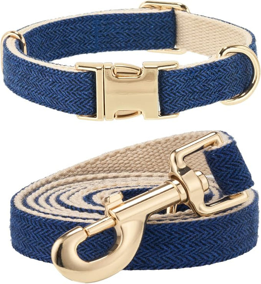 Soft Dog Collar and Leash Set Adjustable Woven Tweed Dog Collars with Metal Buckle and Lead for Small Medium Large Dogs,Royal Blue