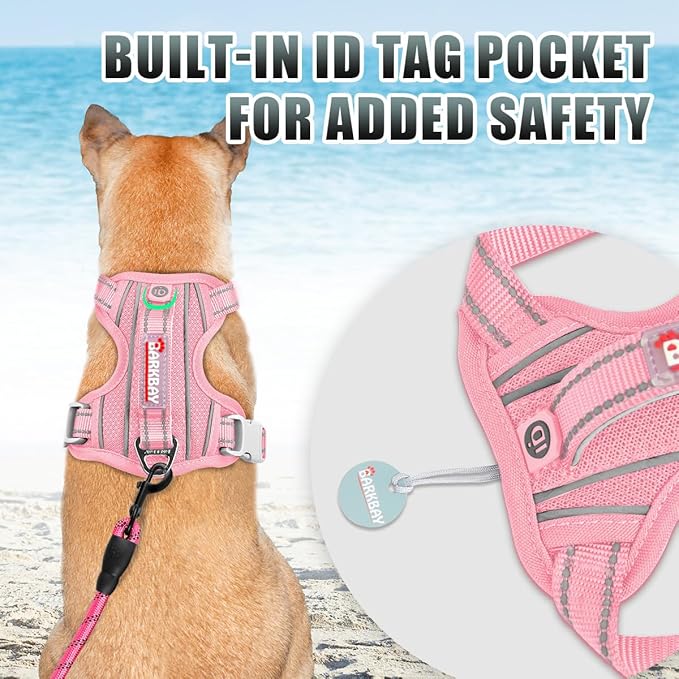 BARKBAY No Pull Dog Harness Large Reflective Dog Harness with Front Clip and Easy Control Handle for Walking Training Running with ID tag Pocket(Baby Pink,S)