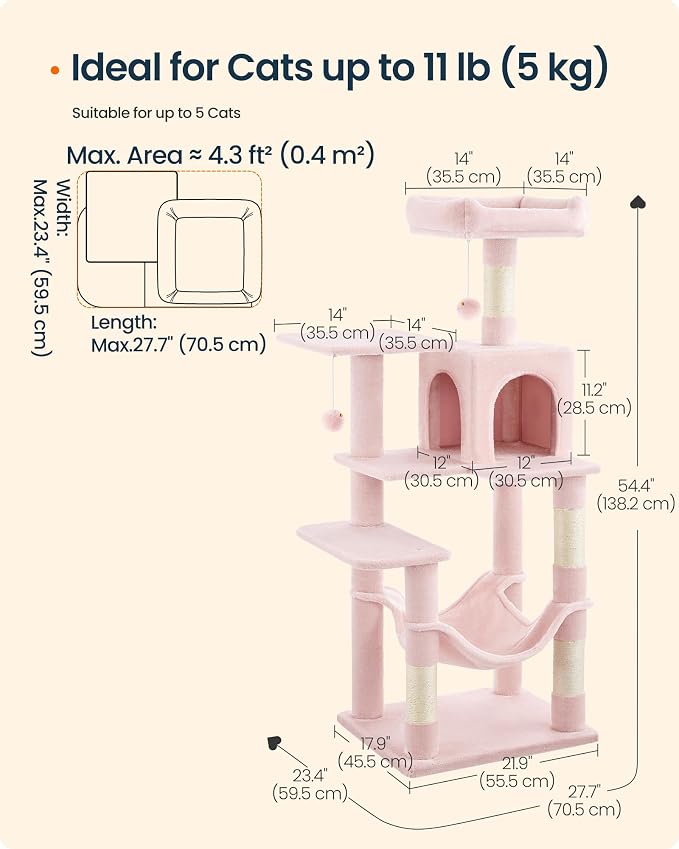 SONGMICS HOME Cat Tree for Indoor Cats, Multi-Level Cat Tower with Sisal Scratching Posts, Hammock and Condo, Pink