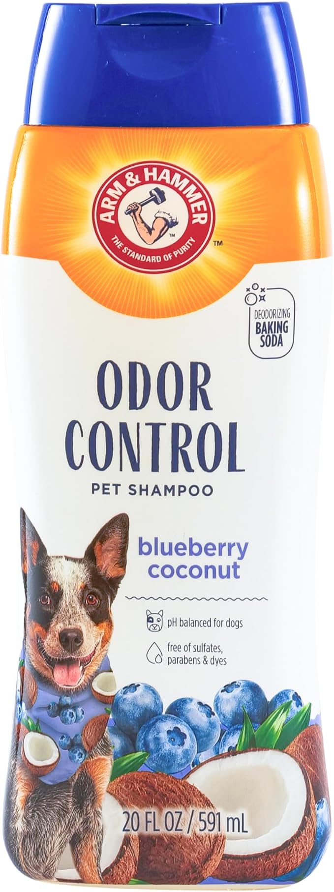 Arm & Hammer for Pets Odor Control Dog Shampoo, Baking Soda Enhanced, pH Balanced, Fresh Blueberry Coconut Scent, Free of Sulfates, for All Dogs and Puppies, 20 Fl Oz