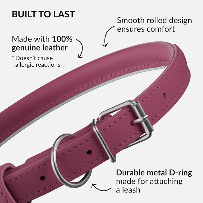 CollarDirect Reflective Rolled Leather Dog Collar, Soft Padded Round Puppy Collar, Handmade Genuine Leather Collar Dog Small Large Cat Collars 13 Colors (15-19 Inch, Pink Reflective)
