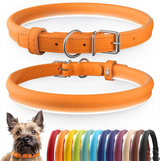 CollarDirect Reflective Rolled Leather Dog Collar, Soft Padded Round Puppy Collar, Handmade Genuine Leather Collar Dog Small Large Cat Collars 13 Colors (8-11 Inch, Orange Reflective)