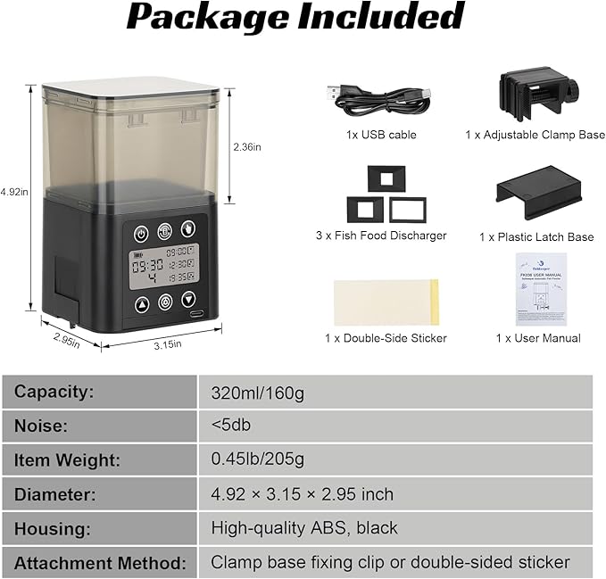Smart Automatic Fish Feeder for Aquarium - [2026 Upgraded] 320ml Large Capacity & USB Rechargeable Fish Feeder Automatic Dispenser with LCD Display, Programmable Timer for Frequency & Portion Control