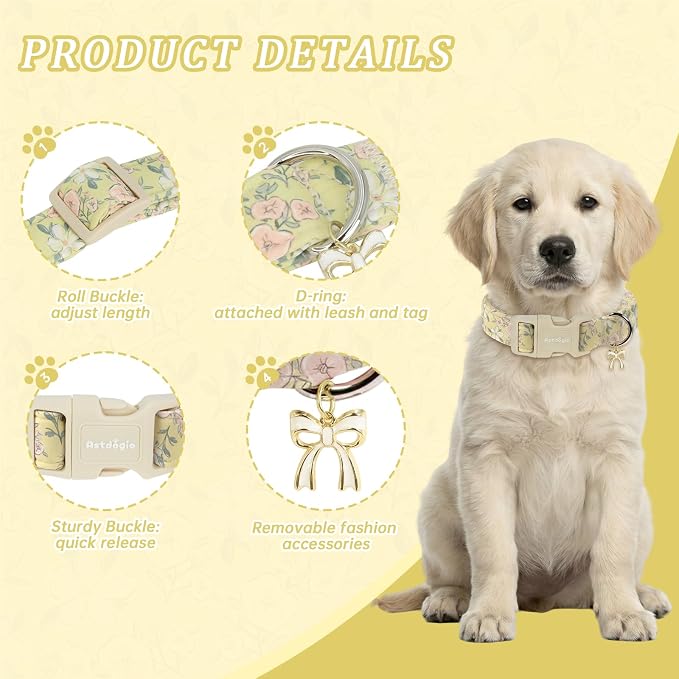 Spring Summer Dog Collar with Pink White Flowers,Adjustable Cotton Puppy Collars for Small Medium Large Dogs, Cute Girl or Boy Dog Collar Ideal for Gifts,Pet Accessory,XS