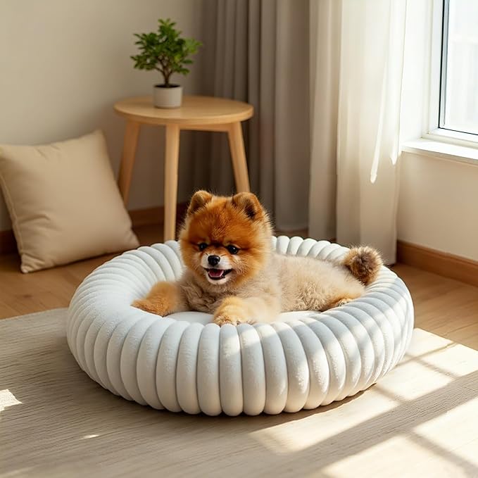 Calming Dog Bed Anti-Anxiety Donut Dog Beds for Small Medium Large Dogs,Washable Plush Fluffy Indoor Cat Kitten Round Cuddler Cushion (Cream)