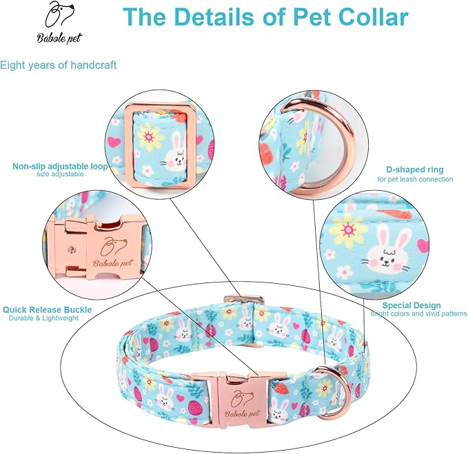 Easter Dog Collar, Cute Blue Bunny Easter Collar for Boy Girl Dogs, Adjustable Heavy Duty Spring Holiday Dog Collars for Small Medium Large Dogs with Metal Buckle XS