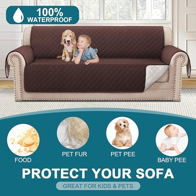 Turquoize 100% Waterproof Couch Cover Sofa Covers Washable Couch Covers for 3 Cushion Couch Pet Friendly Triple Non-Slip Couch Cover for Dogs Furniture Covers for Pets, Kids,Dog (Sofa 70", Brown)