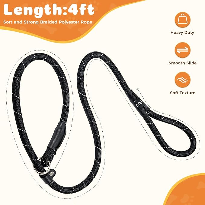 Reflective Slip Leads for Dogs,6FT x 1/2" Dog Leash Heavy Duty Strong Rope Lead for Large, Medium Dogs, No Pull Pet Training Leash(Black, Large(1/2in-4ft))