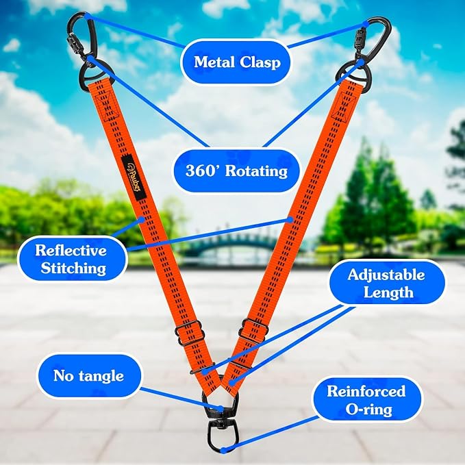 Dog Leash – Dual Reflective with Non-Tangle Design – Heavy Duty Nylon and Metal Buckles – Ideal (Orange, 2 Dog Leash with Handle)