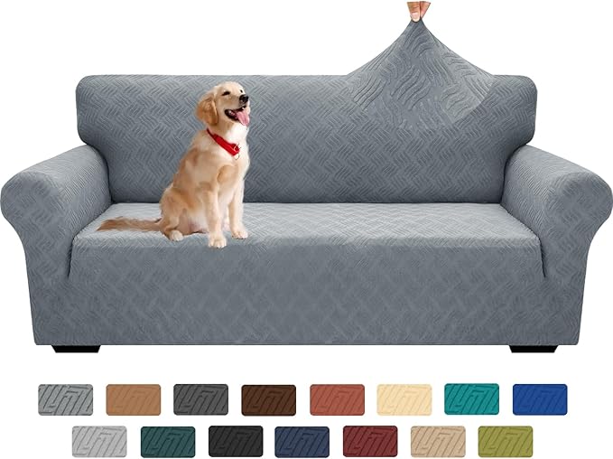 YEMYHOM Couch Cover Latest Jacquard Design High Stretch Sofa Covers for 3 Cushion Couch, Pet Dog Cat Proof Slipcover Non Slip Magic Elastic Furniture Protector (Large, Leaf Pattern Light Gray)
