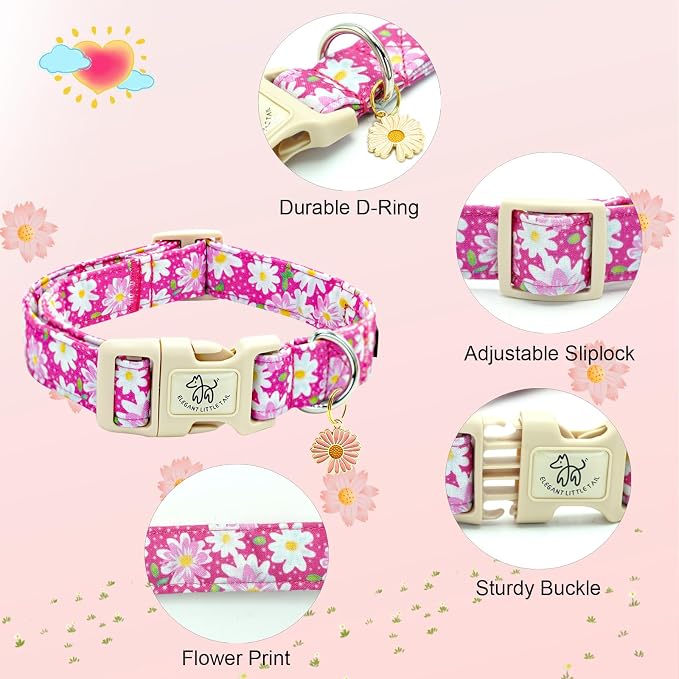 Elegant little tail Dog Collar, Pink Floral Print Pink Puppy Male Adjustable Cotton Pet Collar with Quick Release Buckle for Small Medium Large Dogs