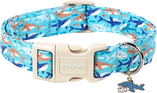 Summer Shark Dog Collar for Boy Dogs- DOGWONG Beach Coastal Dog Collar, Adjustable Soft Hawaiian Dogs Collars for Medium Dogs, M