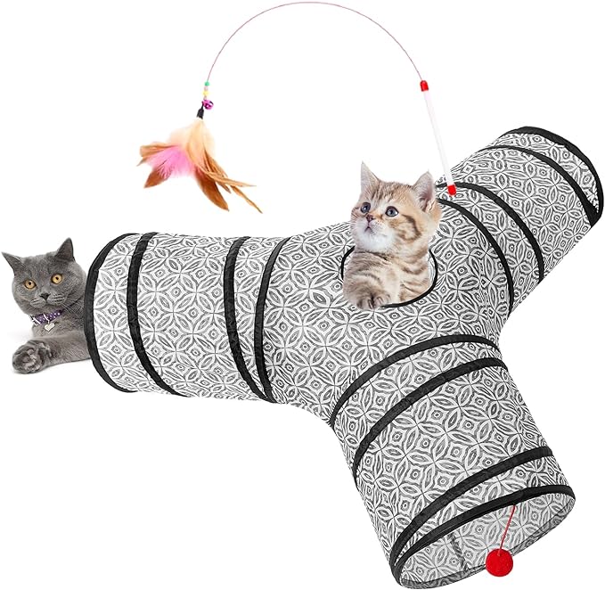 Tempcore Cat Tunnel for Indoor Cats, 3 Way Collapsible Pet Play Tunnel with Teaser Wand, Peek Holes & Hanging Ball, Interactive Tube for Kittens & Rabbits, Grey Coin