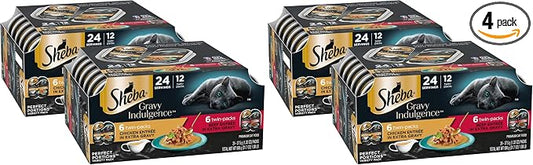 Sheba Gravy Indulgence Adult Wet Cat Food Beef and Chicken Entree in Extra Gravy Variety Pack,2.6 oz. -Pack Trays (,24 Servings),12 Count (Pack of 4)