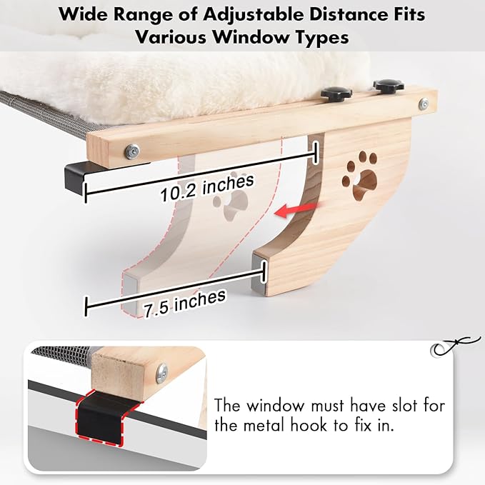AMOSIJOY Cat Sill Window Perch Sturdy Hammock Window Seat with Cushion Bed Cover, Wood & Metal Frame for Large Cats, Easy to Adjust Cat Bed for Windowsill, Bedside, Drawer and Cabinet(Cushion Bed)