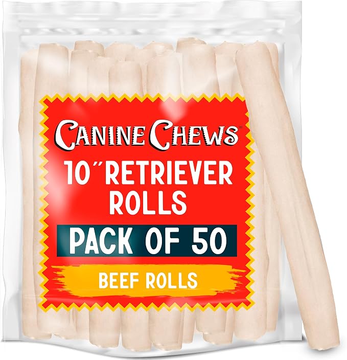 Canine Chews 10" Dog Rawhide Retriever Rolls - Rawhide Bones for Large Dogs (50 pk) - Natural Beef Dog Rawhide Chews - Single Ingredient Dog Rawhide Bones - Large Rawhide Bones for Dogs Dental Chew
