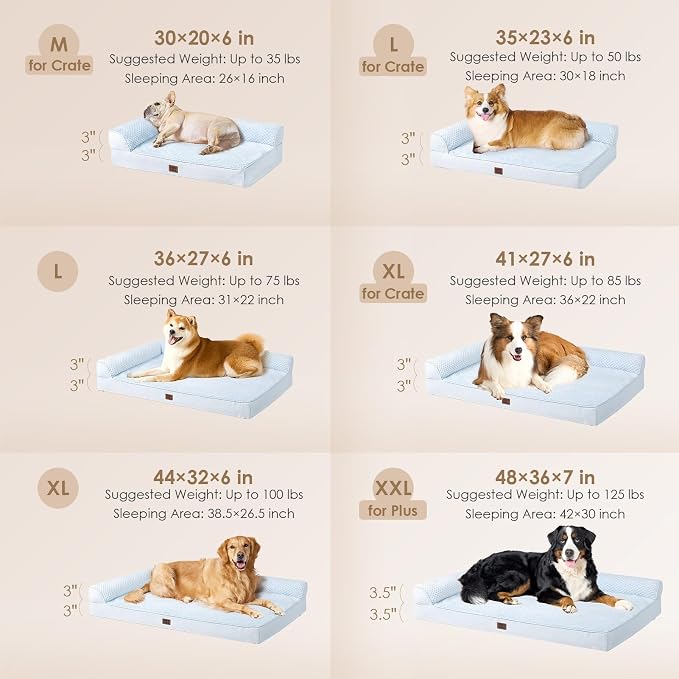 EHEYCIGA Large Dog Bed Memory Foam for Crate, Orthopedic Dog Bed Large Size Dogs with Washable Removable Cover, Waterproof Pet Sofa Couch with Nonskid Bottom, 35x22x6, Washblue