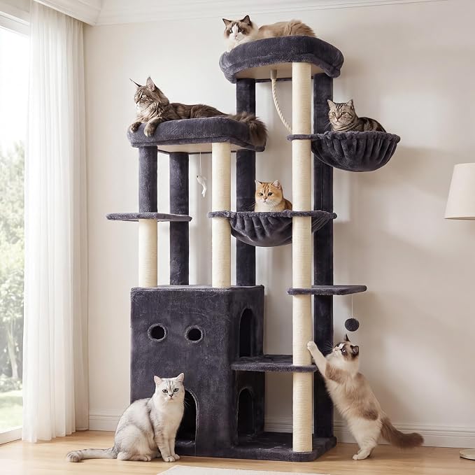 Heybly Cat Tree, 69.7 inches Secure Anti-Tip Cat Tower for Large Cats, Expansive Cat Furniture with Dual-Tier Cat Condo Villa, 2 Top Perches, Hammock & Full Sisal Scratching Posts, Smoky Gray HCT065G
