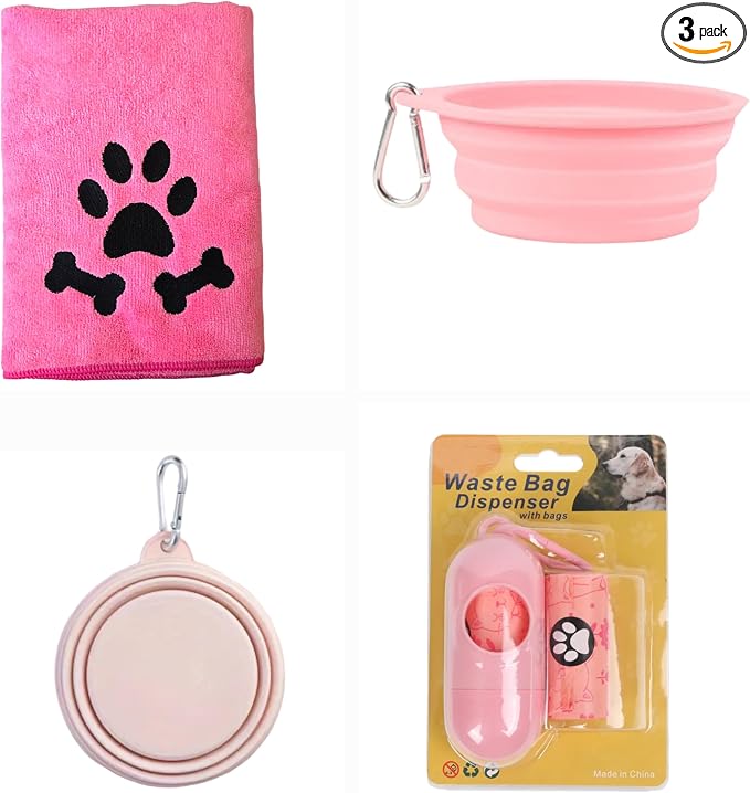 Pet Accessories Set, Pink Towel with Paw Print and Bone Designs, Collapsible Bowl, Waste Bag Dispenser
