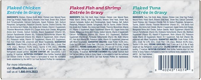 Blue Buffalo Tastefuls Flaked Adult Wet Cat Food Variety Pack (Tuna, Chicken, Fish & Shrimp), Natural Ingredients Enhanced with Vitamins, Minerals & Other Nutrients, 3-oz. Each (12 Cans)