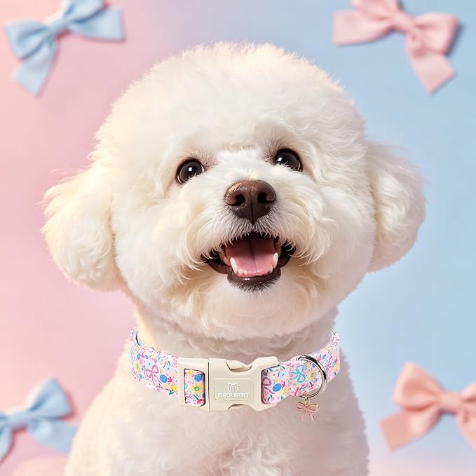 Maca Bates Colorful Floral Dog Collar with Bow Charm for Medium Girl Boy Dogs, Pink Flower Bows Pattern,Pretty Blossom Adjustable Durable Soft Flowers Collars Gift for Male Female Puppy