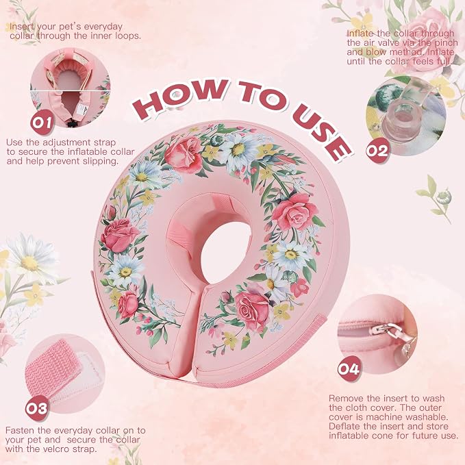 IEUUMLER Inflatable Recovery Dog Cone Collar, Neck Donut Protective ECollar, Adjustable Soft Collar for Dog and Cat After Surgery Prevent from Biting & Licking EU020 Floral Wreath L