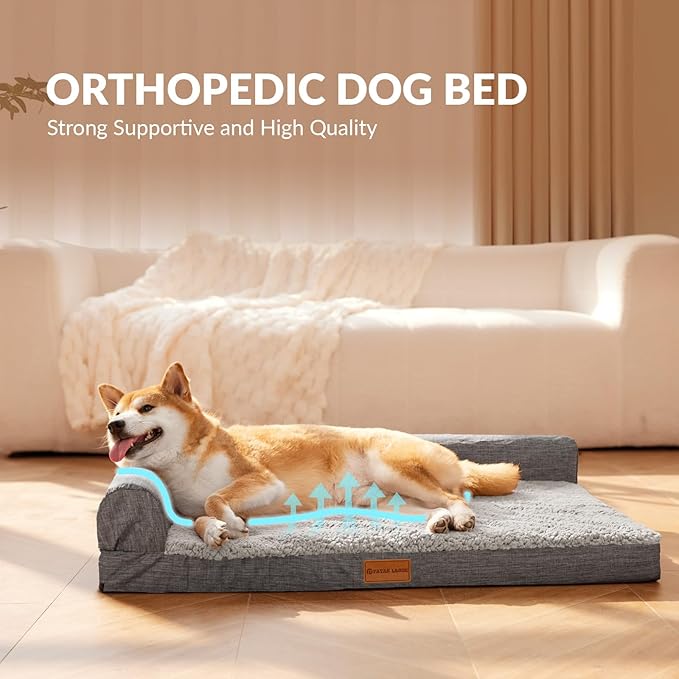 Patas Lague Orthopedic XL Dog Bed Large Sized Dog 42''X28'', Waterproof L Bolster Big Large Pet Sofa Beds with Removable Washable Cover, Soft Pet Couch Crate Mat with Nonskid Bottom, Grey