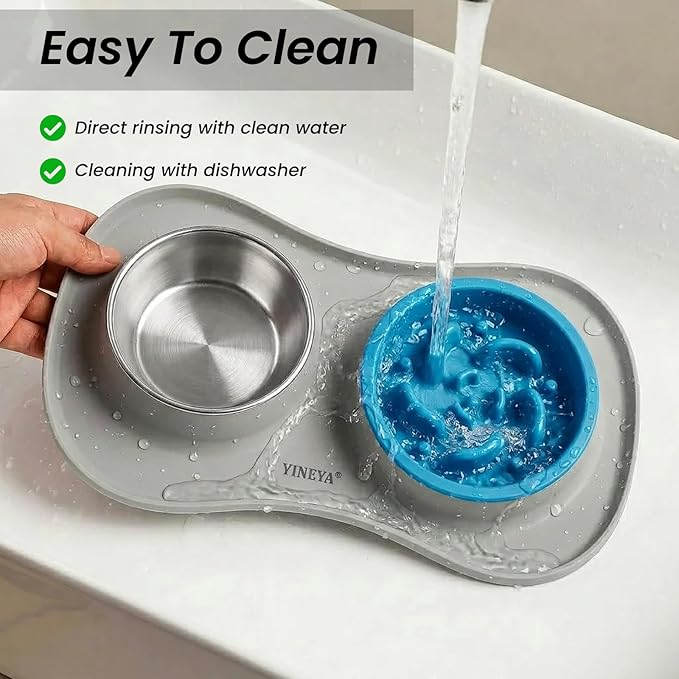 YINEYA 3 in 1 Slow Feeder Dog Bowls & Stainless Steel Food and Water Bowl with Non-Spill Dog Bowl Mat, Anti-Choking Puppy Bowls, Floor Safe & Easy Clean for Large Medium Small Dogs Cats