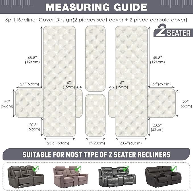 TAOCOCO Loveseat Recliner Cover with Center Console, 100% Waterproof Pet Covers for Dual Recliner with Straps Design, Split Reclining Loveseat Cover Furniture Pet&Kids Protector (2 Seater, Gray)