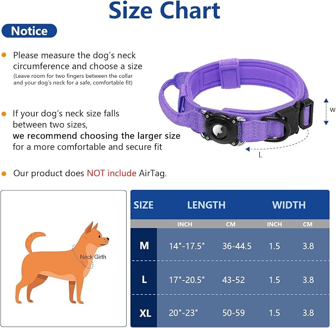 Tactical AirTag Dog Collar with Waterproof Holder(1st/2nd Generation) | Military-Grade Adjustable Collar, Comfortable Control Handle & Metal Buckle for Medium Dogs，Smart QR ID tag (Purple, M)
