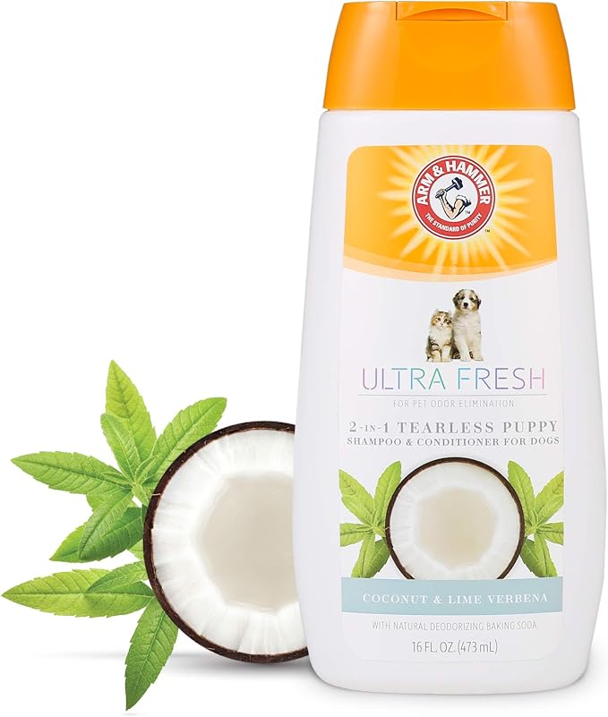 Arm & Hammer Ultra Fresh Tearless Puppy Shampoo and Conditioner 2 in 1 Baking Soda Deodorizer Gentle Pet Wash Odor Control Coconut and Lime Verbena Scent 16 FL OZ Puppies Eight Weeks and Older