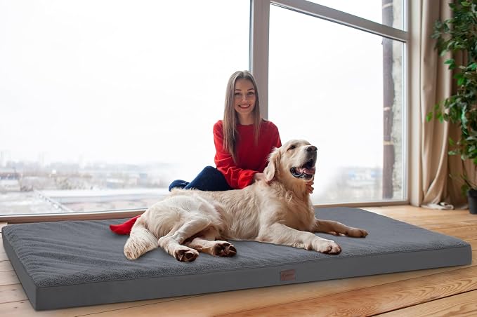 Waterproof Human Dog Bed Orthopedic Dog Beds for Crate with Removable Washable Cover Egg-Crate Foam Pet Pad Mat with Anti-Slip Bottom, 75x38 Inch, Grey