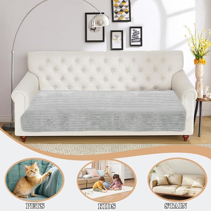 NAISI Couch Covers for Dogs Waterproof Flannel Striped Sofa Cover Pet Friendly Washable Dog Mat for Couch Anti Slip Sectional Sofa Slipcover Protector(1pc/35"x 82",Light Grey)