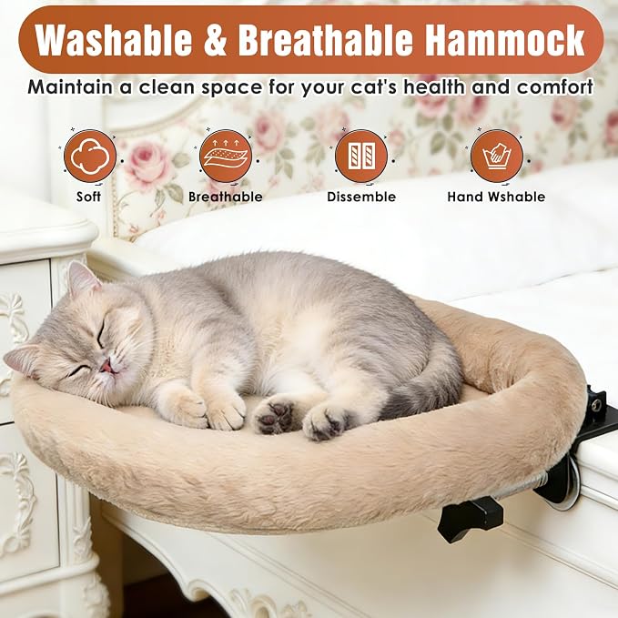 IPOW Heavy Duty Steel Frame 180°Rotating Cat Bedside Bed Semi-Circular Cat Bed for Bedside, Soft Faux Rabbit Fur Material, Suitable for Various Desktops-Maximum Hold Up to 40lb