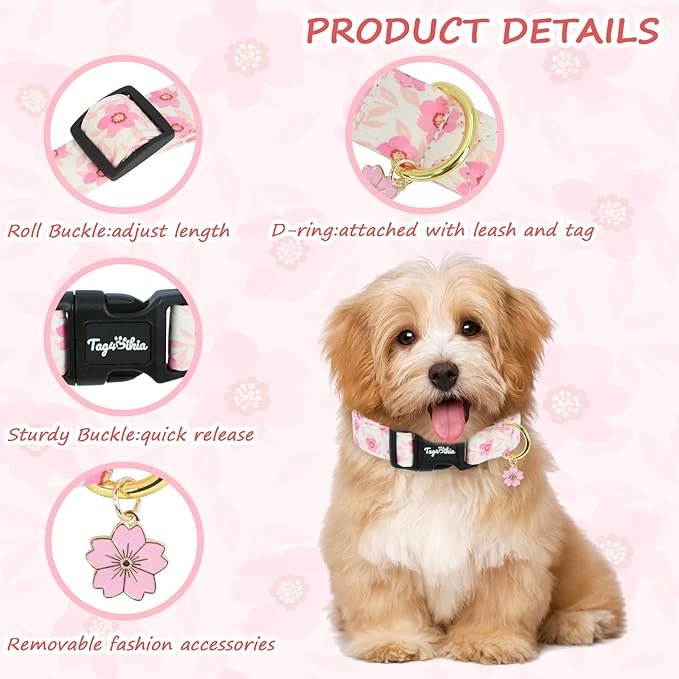 Dog Collar with Pink Cherry Blossom Patterns, Spring Summer Collection Dog Collar with Exquisite Pendant, Durable Adjustable Collars for Gifts & Daily Use-XS