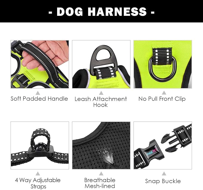 PHOEPET No Pull Dog Harnesses for Small Dogs Reflective Adjustable Front Clip Vest with Handle 2 Metal Rings 3 Buckles [Easy to Put on & Take Off](S, Green)
