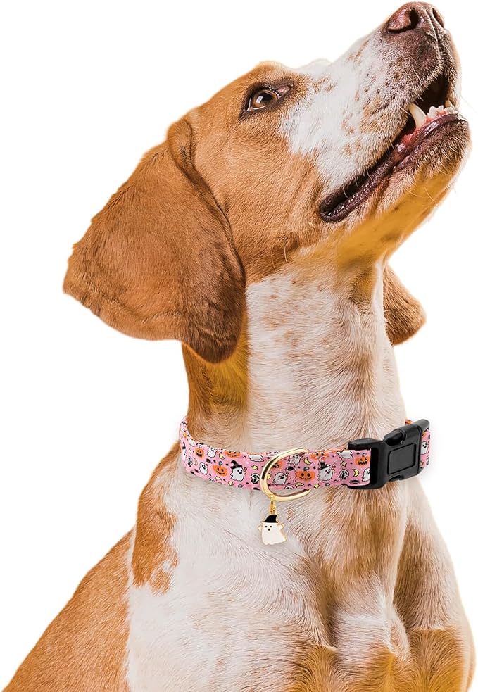 Personalized Dog Collars,Adjustable Puppy Collars with Safety Buckle for Small Medium Large Dogs,Cute and Unique Pink Cherry Pattern Pet Collar for Boy Girl Dogs. (Pink Ghost, L)