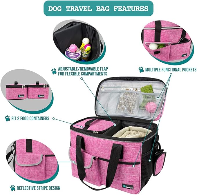 PetAmi Dog Travel Bag Organizer, Pet Travel Kit with 2 Food Containers & 2 Collapsible Dog Bowls, Pet Supplies Tote with Luggage Sleeve, Weekend Road Trip Camping Essentials, Pink, Medium