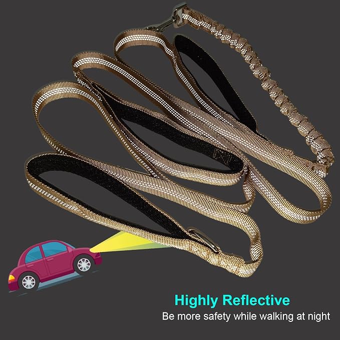 BTINESFUL 8ft Dog Leash with 3 Handles, Reflective Shork Absorbing Bungee Dog Leash, Safety Training Controlling for Large Medium Dogs (Brown, 1 in x 8 ft)