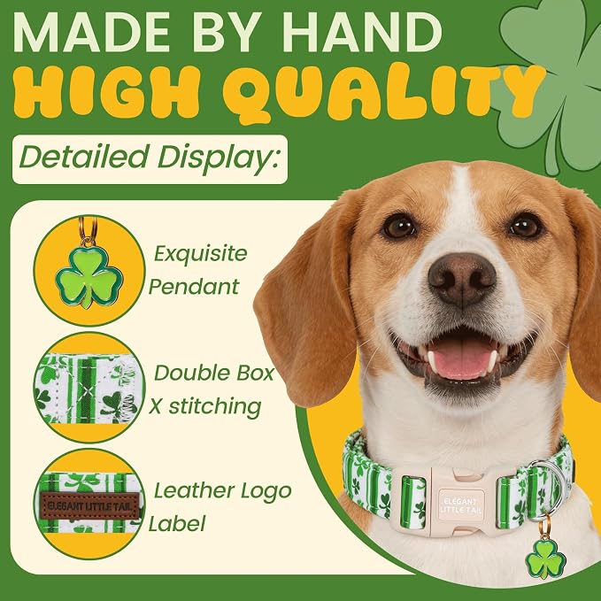 Elegant little tail St Patrick's Dog Collar - Green Cute Clover Cotton Shamrock Pet Collar Trefoil Adjustable Cotton Pet Collar with Quick Release Buckle for Large Dogs