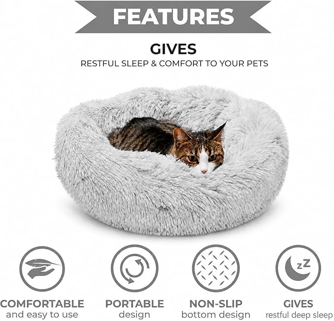 Whiskers & Friends Cat Beds for Indoor Cats, Fluffy Calming Donut Cat Bed, Small Dog Bed Washable - Orthopedic Soft Plush Pet Beds Sized for Kitten to Large Cats & Puppy to Small Dogs, Light Grey 23''