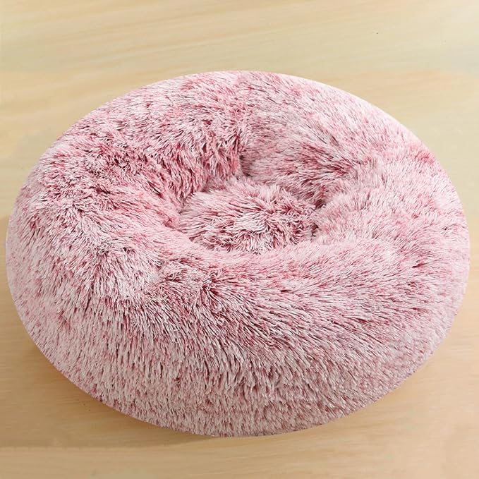 Dog Bed for Small Medium Large Dogs, 20 Inch Calming Dogs Bed, Anti-Anxiety Donut Cuddler Cat Bed with Anti-Slip Bottom, Fluffy Faux Fur Machine Washable Pet Cushion for Dog & Cat (Rose White)