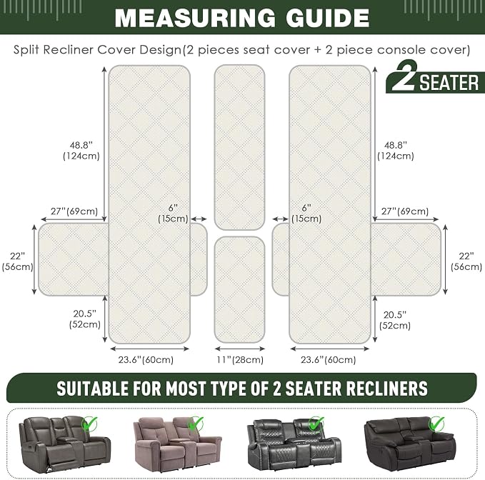 TAOCOCO Loveseat Recliner Cover with Center Console, 100% Waterproof Pet Cover for Dual Recliner with Straps Design, Split Reclining Loveseat Covers Furniture Pet&Kids Protector (2 Seater, Vine Green)