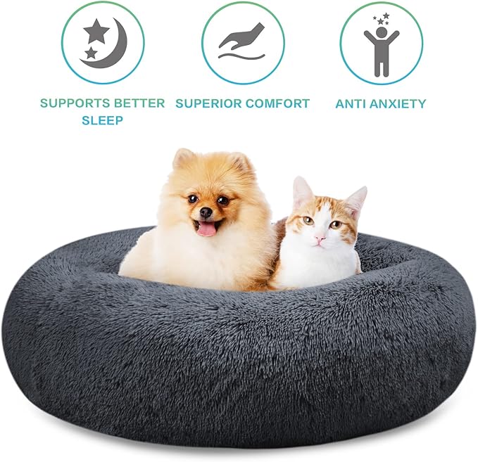 SAVFOX 20 inches Calming Donut Dog Bed - 3X Durable Plush Faux Fur, Machine Washable & Non-Slip, Fits up to 15 lbs, Dark Grey