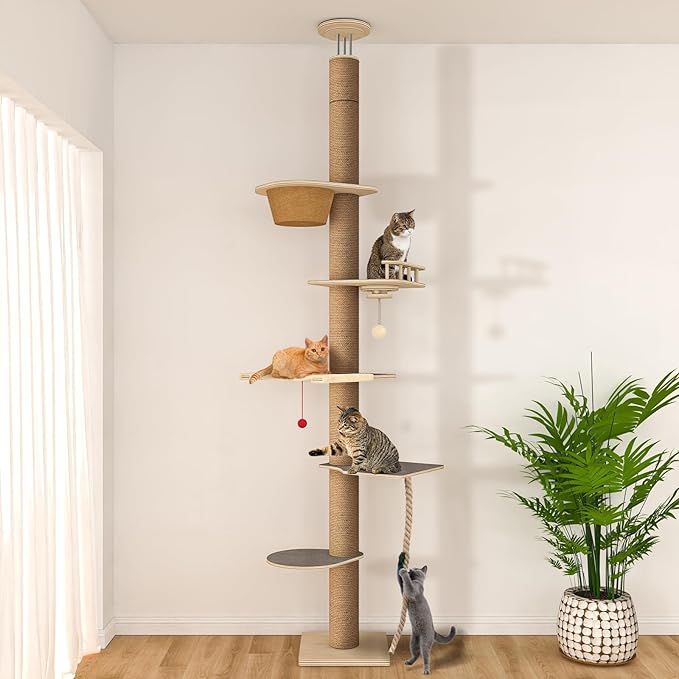Cat Tree Floor to Ceiling, Adjustable Height 82-120 in, 6-Level Cat Tower with Hammock & Perch, Scratching Post, Stable & Solid Structure and Neutral Color Fit Home Decor