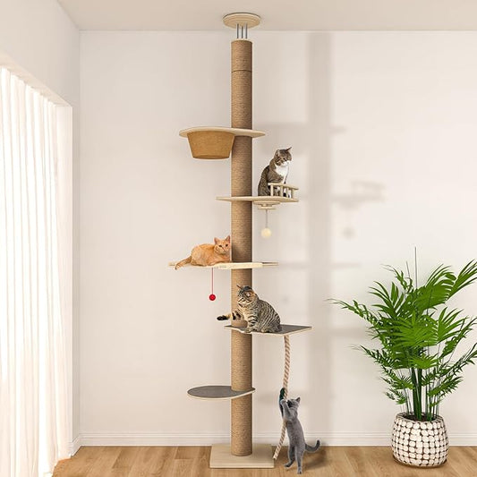 Cat Tree Floor to Ceiling, Adjustable Height 82-120 in, 6-Level Cat Tower with Hammock & Perch, Scratching Post, Stable & Solid Structure and Neutral Color Fit Home Decor