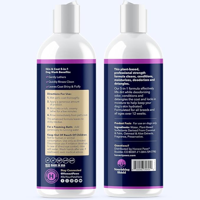 Honest Paws Dog Shampoo and Conditioner - Premium Dog Wash for Allergies and Dry, Itchy, Moisturizing for Sensitive Skin - Sulfate Free, Plant Based, All Natural - Oatmeal & Lavender - 16 Fl Oz