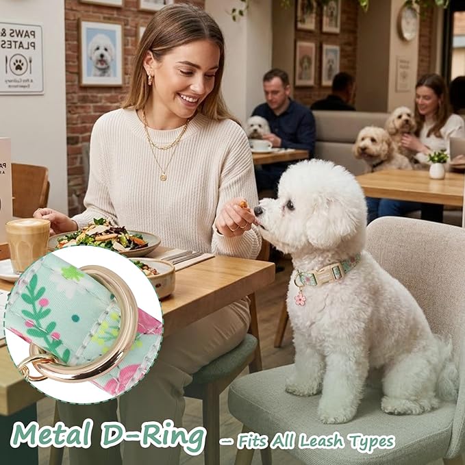Dog Collars for Small Dogs, Summer Dog Collar with Metal Buckle, Green Dog Collar with Pink Floral Patterns, Soft Adjustable Dog Collars for Puppy Small Dogs -S