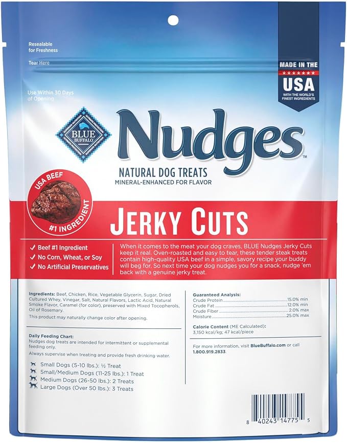 Blue Buffalo Nudges Jerky Cuts Dog Treats, Made in the USA with Natural Ingredients, Steak, 10-oz Bag (Pack of 6)